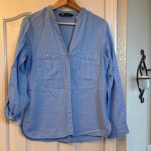 Zara Light Blue Casual Long Sleeve Button Up V Neckline Linen Top
